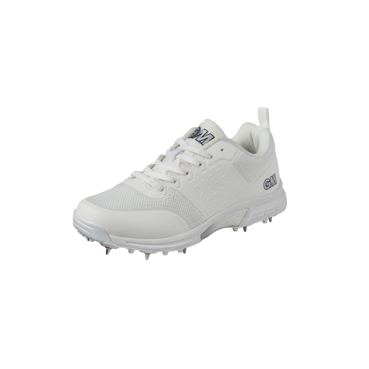 The Gunn & Moore Kryos Cricket Spikes 2024 are white athletic shoes with steel spikes, GM branding on the tongue and side, a lace-up closure, and a breathable mesh upper for comfort during cricket play.