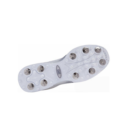 The image displays the white sole of Gunn & Moore Kryos Cricket Spikes 2024, featuring nine steel spikes for traction, viewed from the bottom against a plain white background.