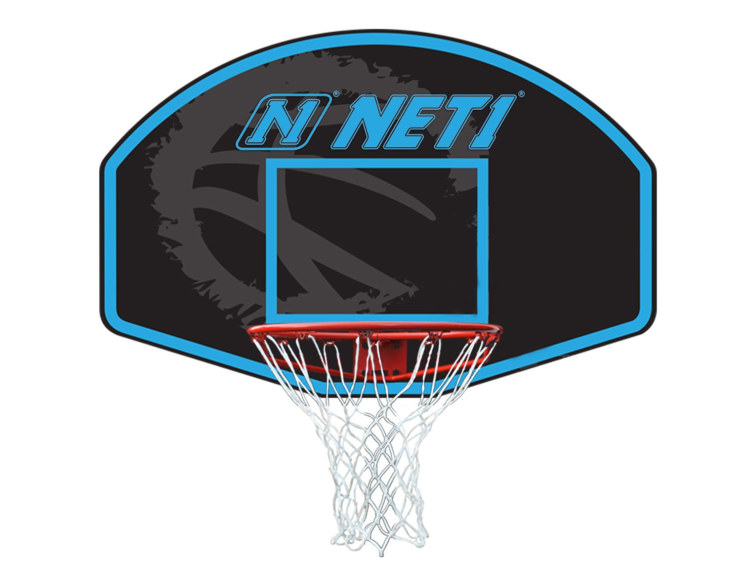 The Net1 Vertical Backboard and Goal (Wall-Mounted) features a black backboard with blue trim, a red metal hoop, solid steel goal, and white net. "NET1" is printed in blue and white at the top center. Brand: Net1.