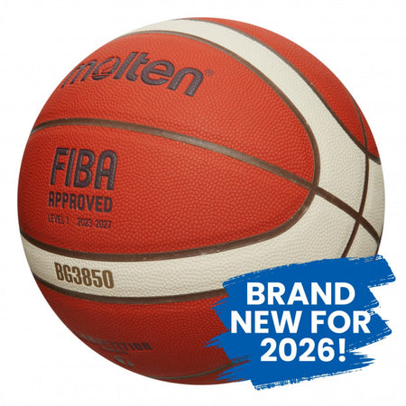 The Molten BG3850 Club Game Basketball features red and white panels, a composite cover design, FIBA Approved logo, and "BRAND NEW FOR 2026!" in blue paint stroke at the bottom right.