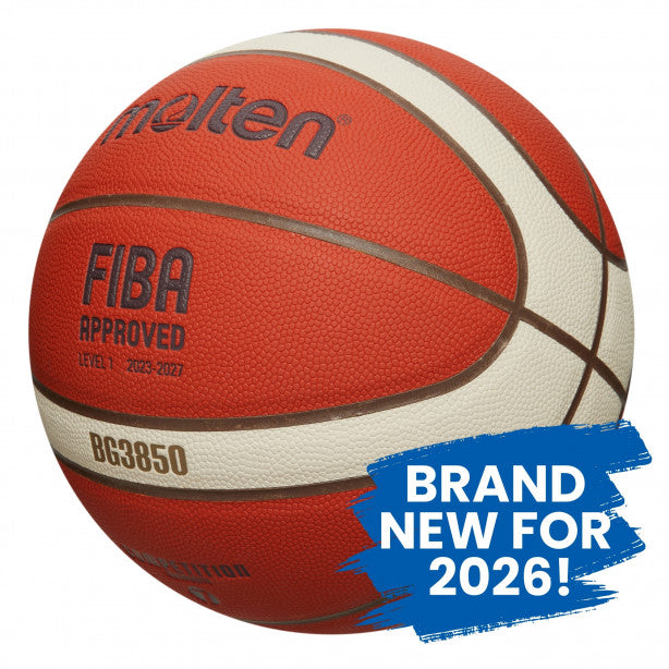 The Molten BG3850 Club Game Basketball features red and white panels, a composite cover design, FIBA Approved logo, and "BRAND NEW FOR 2026!" in blue paint stroke at the bottom right.