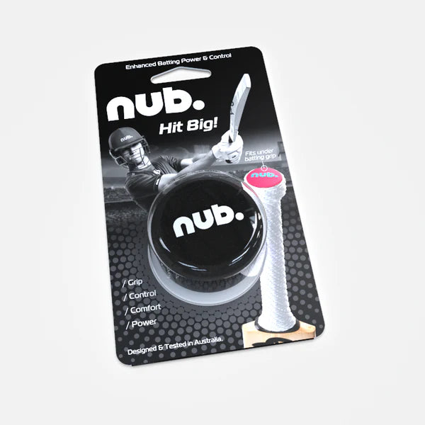 The nub - Black by nub Sports is a silicone cricket grip for improved batting power and control. The black-and-white packaging features a cricket player, "Hit Big!" text, and showcases the bat grip upgrade inside.