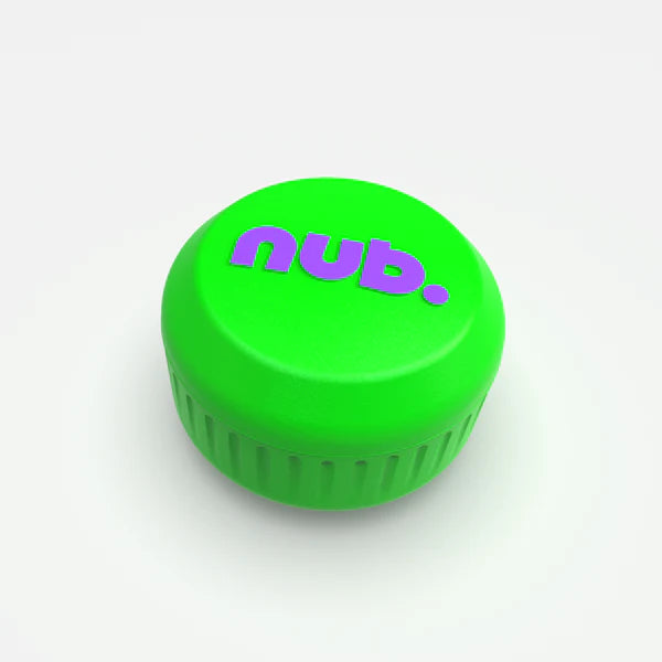 The nub Sports "nub - Green Thunder" is a bright green round container with ribbed sides and bold purple "nub." text on the lid, ideal for storing your power hitter accessory or silicone bat grip. Shown on a plain white background.