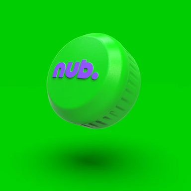 A green nub - Green Thunder bottle cap from nub Sports, featuring bold purple "nub." text, floats against a bright green background like a cricket bat handle accessory or silicone grip, casting a soft shadow below.