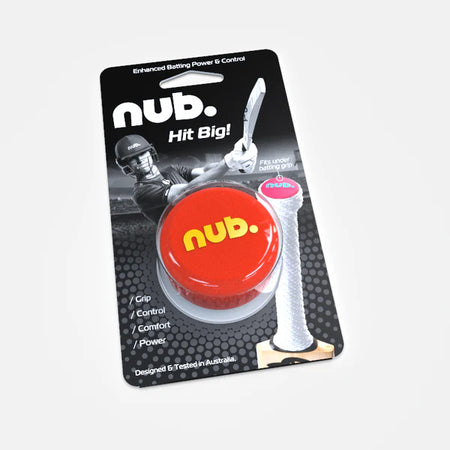 Nub Sports' nub - Orange Scorch is an orange silicone cricket bat handle grip accessory, shown with a cricketer background, highlighting enhanced batting power, superior grip, and control for your cricket bat.