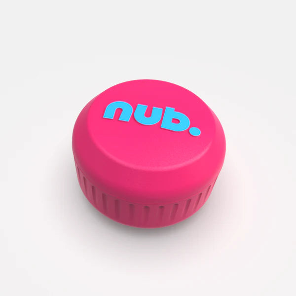 The nub Sports "Pink Six" is a bright pink, round container with textured sides to store your silicone bat grip or cricket bat handle attachment. The lid displays the word "nub." in light blue, shown on a plain white background.