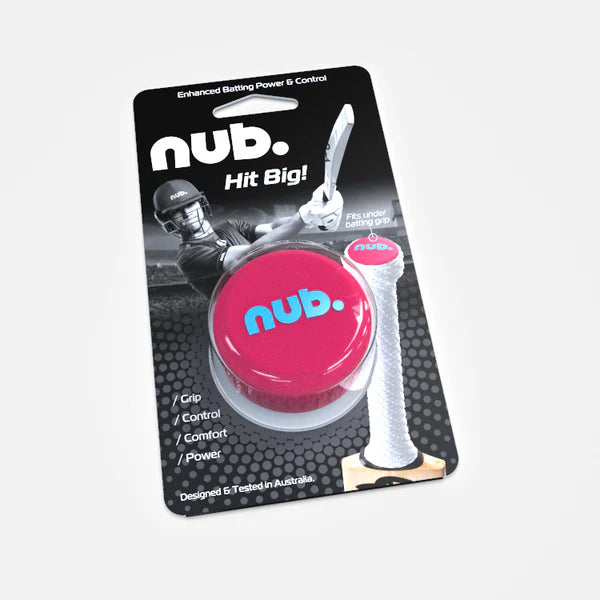The nub Sports Pink Six silicone bat grip comes in pink packaging featuring a cricketer, with the slogan "Hit Big!" and highlights of grip, control, and power for your cricket bat upgrade.