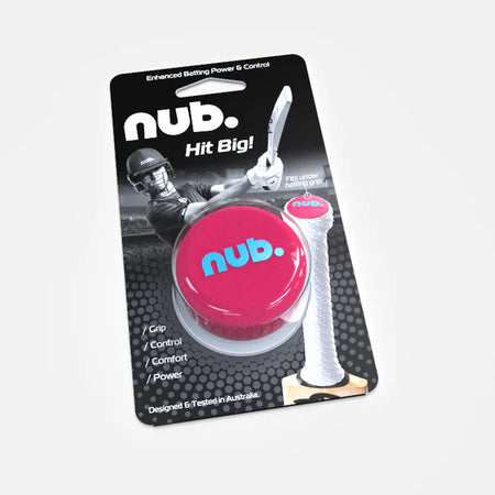 The nub Sports Pink Six silicone bat grip comes in pink packaging featuring a cricketer, with the slogan "Hit Big!" and highlights of grip, control, and power for your cricket bat upgrade.