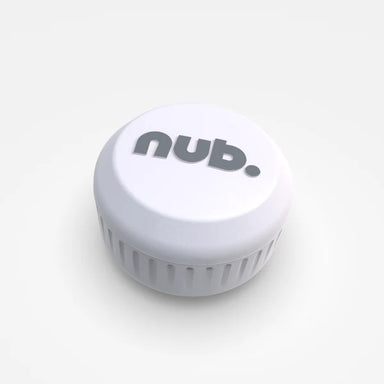 The nub - White by nub Sports is a white, round plastic cricket bat handle attachment with bold gray "nub." text on top and vertical side ridges, shown against a plain white background.