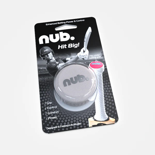 A packaged nub Sports silicone cricket bat grip—White, featuring a round white grip in plastic casing. The packaging displays a cricketer and highlights benefits: grip, control, comfort, and power—an ideal upgrade for any cricket bat.