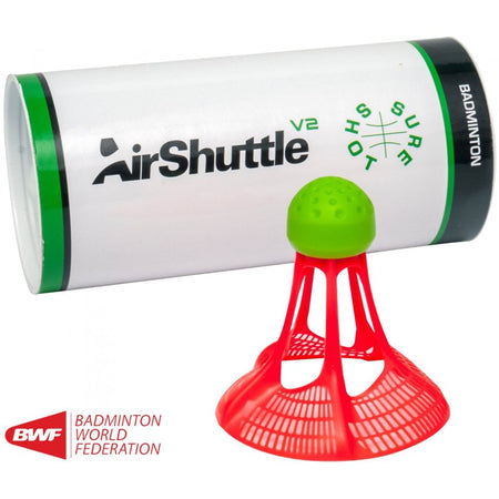 A Sure Shot Outdoor Badminton Shuttle V2 - Pack of 3 tube is behind a red and green wind-resistant shuttlecock, with the BWF logo visible in the bottom left corner.