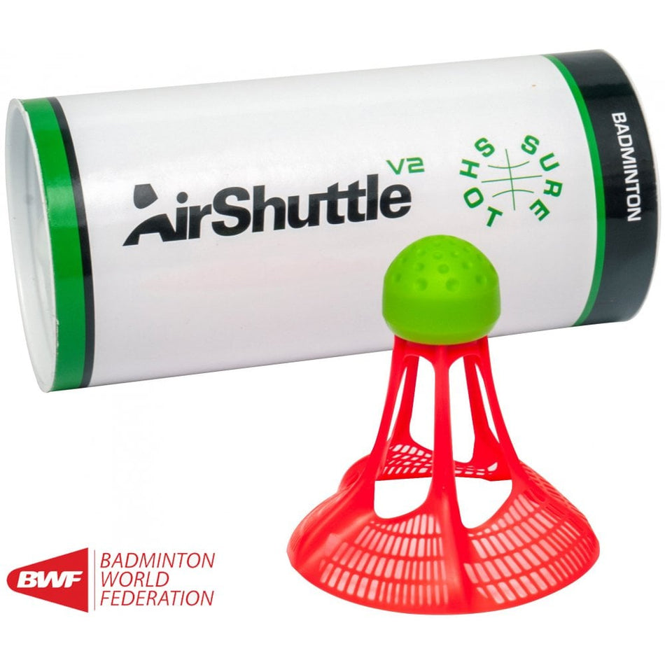 A Sure Shot Outdoor Badminton Shuttle V2 - Pack of 3 tube is behind a red and green wind-resistant shuttlecock, with the BWF logo visible in the bottom left corner.
