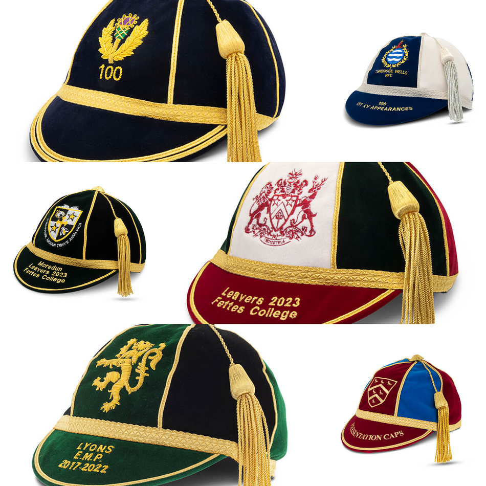 Martin Berrill Sports’ Custom, Honour & Commemorative Caps feature vibrant velvet caps with gold or silver tassels, each embroidered with unique crests, logos, or inscriptions to celebrate achievements and institutions.