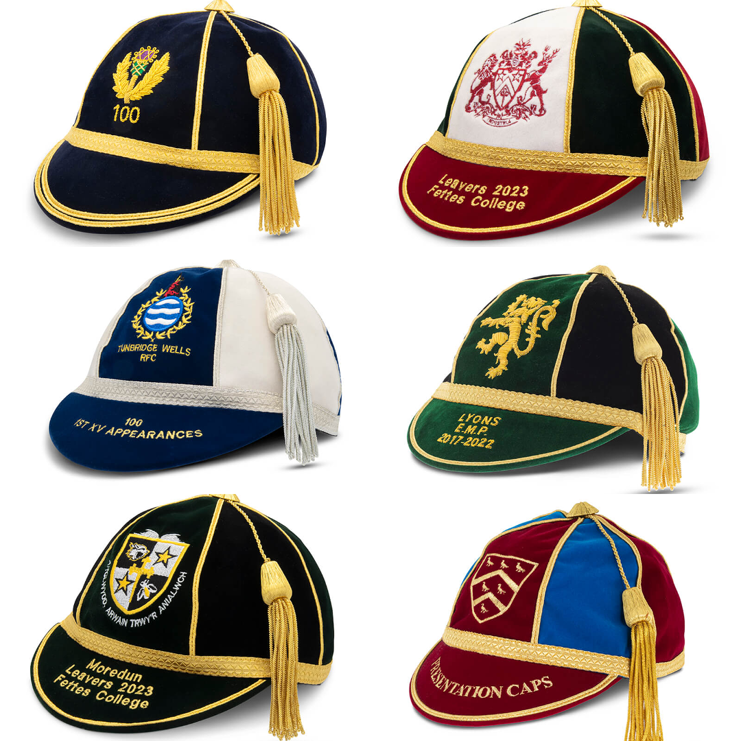 Martin Berrill Sports offers Custom, Honour & Commemorative Caps in various colors with embroidered crests, gold or white tassels, and personalized bands—perfect for celebrating special occasions as unique cricket caps.
