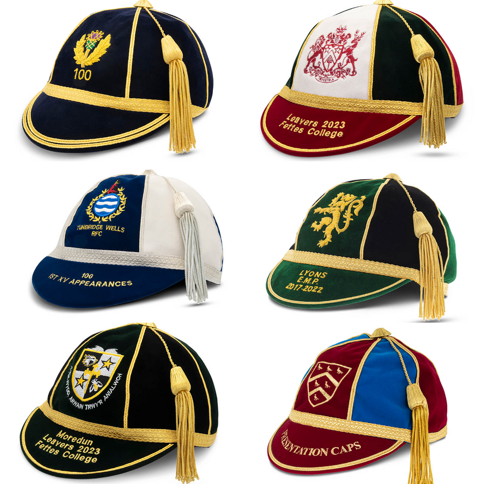 Martin Berrill Sports offers Custom, Honour & Commemorative Caps in various colors with embroidered crests, gold or white tassels, and personalized bands—perfect for celebrating special occasions as unique cricket caps.