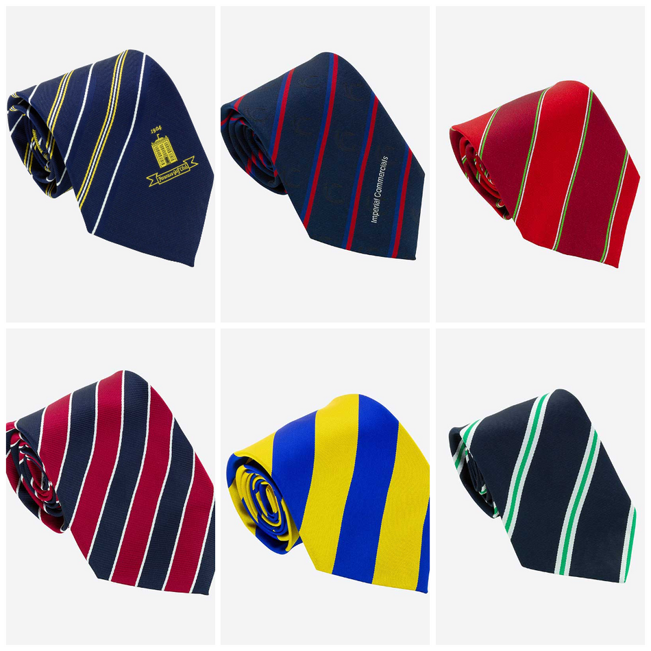 Six Custom Club & School Ties by Martin Berrill Sports are displayed on a white background, featuring stripes in color combos like navy/yellow, red/white, blue/red, yellow/blue, red/navy, and green/white.