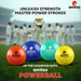 Four vibrant Omtex PowerBalls, weighted cricket training balls by Omtex, are shown on grass. In the background, a team celebrates with a trophy. The text highlights Omtex PowerBall to enhance batting skills and master power strokes.