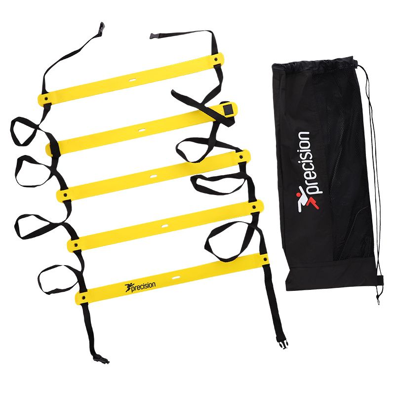 The Precision Training Speed Ladder (Yellow/Black) 2M features five rungs and black straps, laid out next to a branded drawstring bag—ideal for footwork drills and speed training sessions.