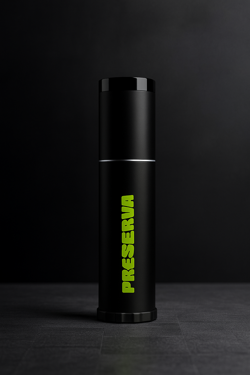 The Preserva Rechargeable Padel Ball Pressuriser is a sleek black cylindrical tube with PRESERVA in bold neon green letters, designed for padel balls and photographed upright against a dark, minimalist background.