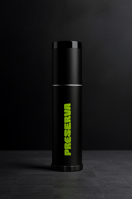 The Preserva Rechargeable Padel Ball Pressuriser is a sleek black cylindrical tube with PRESERVA in bold neon green letters, designed for padel balls and photographed upright against a dark, minimalist background.