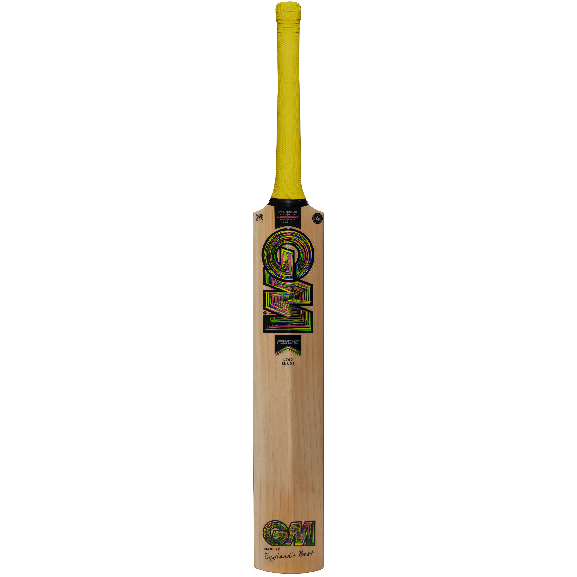 The Gunn & Moore Psyche DXM Junior Cricket Bat features a yellow Pro-Lite grip, wood finish, colorful GM branding and stickers, and is crafted from English Willow with an F2 face for powerful performance.