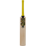 The Gunn & Moore Psyche DXM Junior Cricket Bat features a light-colored English Willow blade, yellow Pro-Lite grip, black GM sticker with a colorful design at the top, and an F2 face for superior performance.