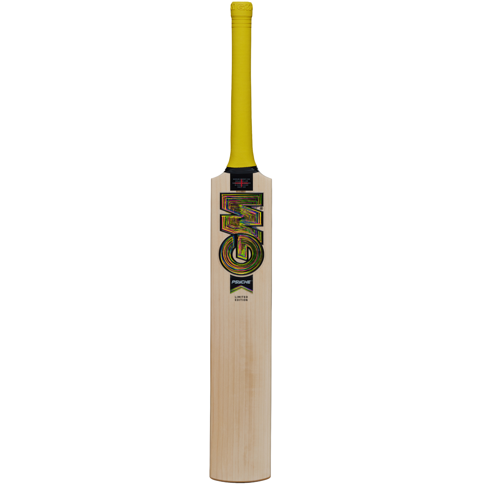 The Gunn & Moore Psyche DXM Junior Cricket Bat features a light-colored English Willow blade, yellow Pro-Lite grip, black GM sticker with a colorful design at the top, and an F2 face for superior performance.