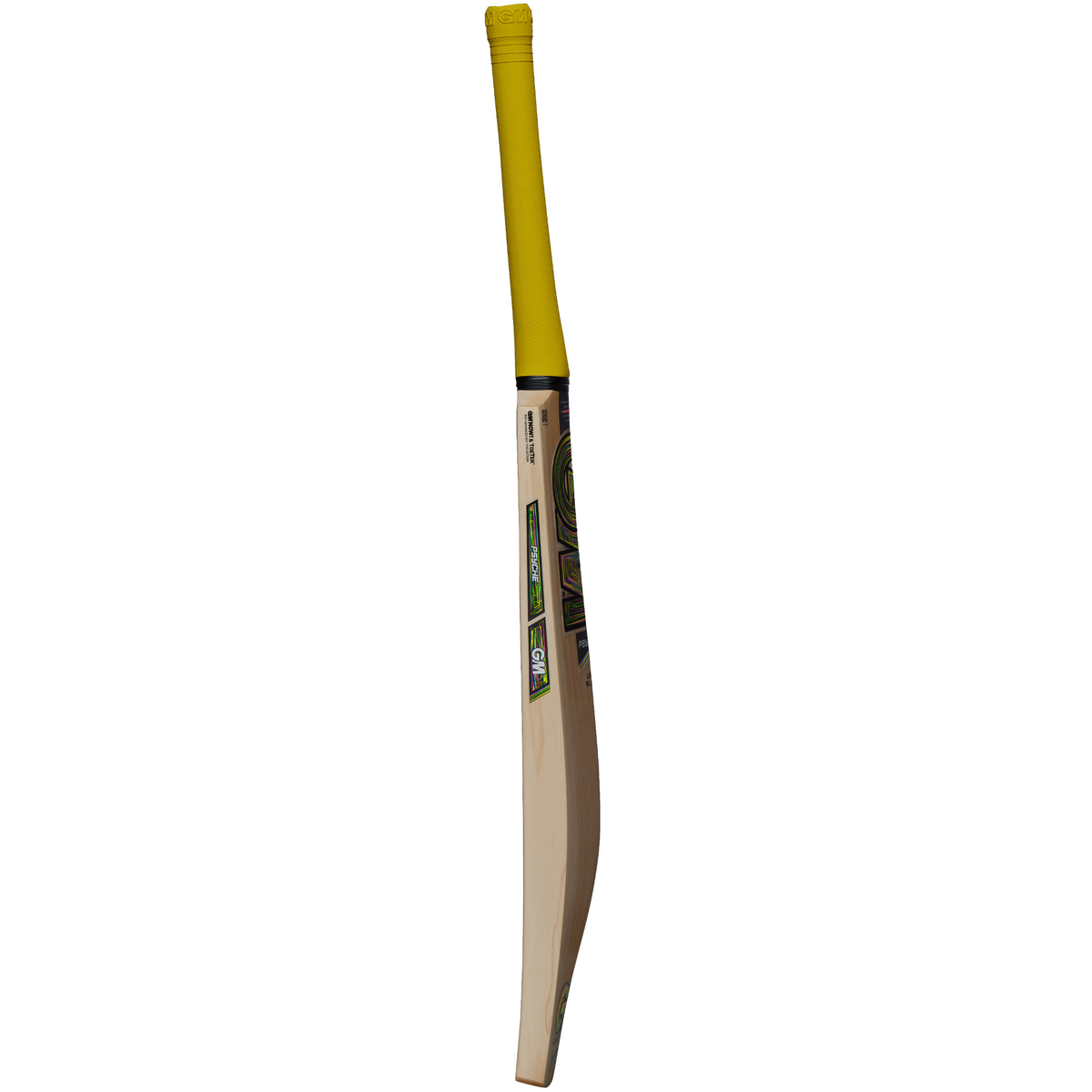 The Gunn & Moore Psyche DXM Junior Cricket Bat, made of English willow with a yellow Pro-Lite grip, is shown from the side. It features a flat F2 face, curved blade, and Gunn & Moore branding on the stickers.
