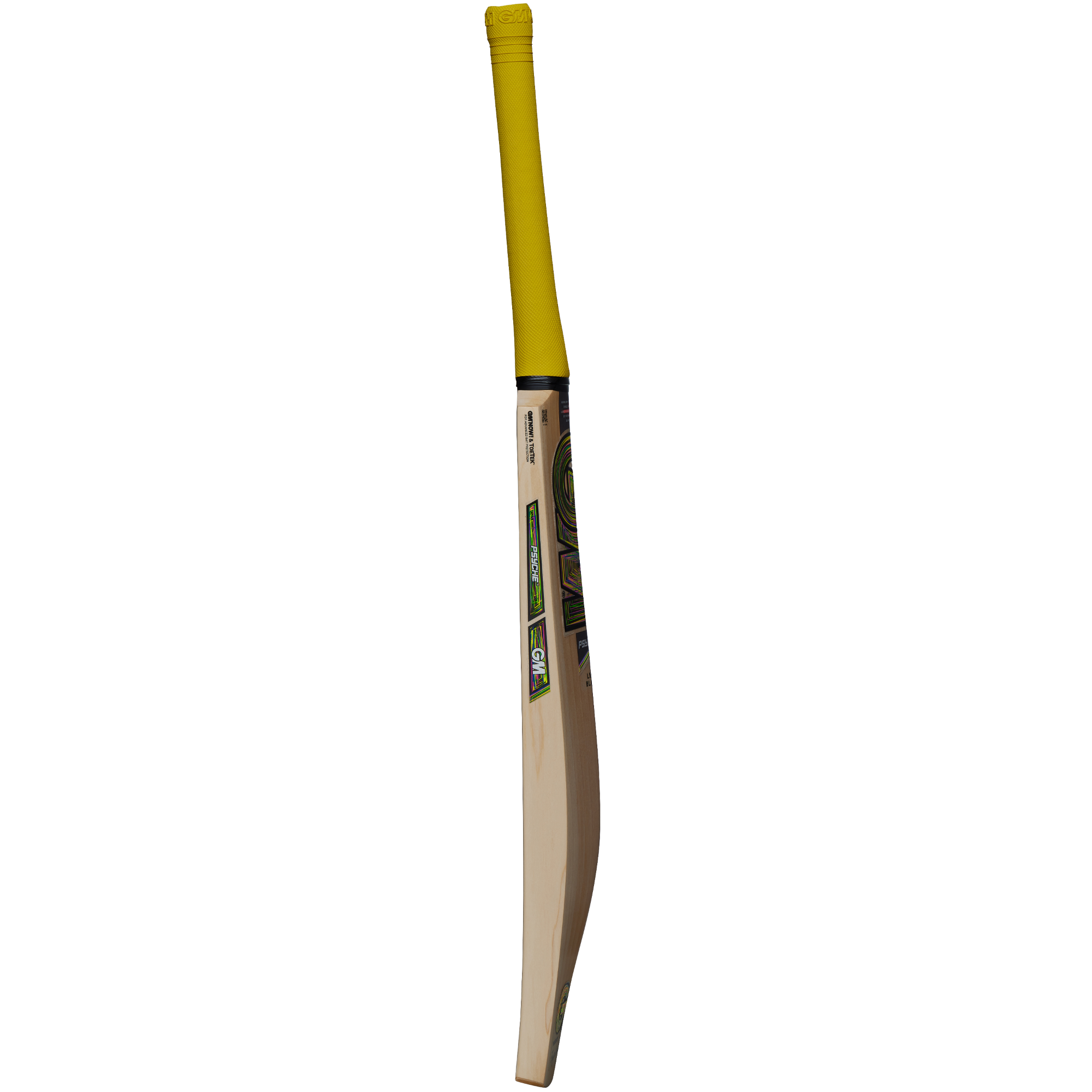 The Gunn & Moore Psyche DXM Junior Cricket Bat, made of English willow with a yellow Pro-Lite grip, is shown from the side. It features a flat F2 face, curved blade, and Gunn & Moore branding on the stickers.