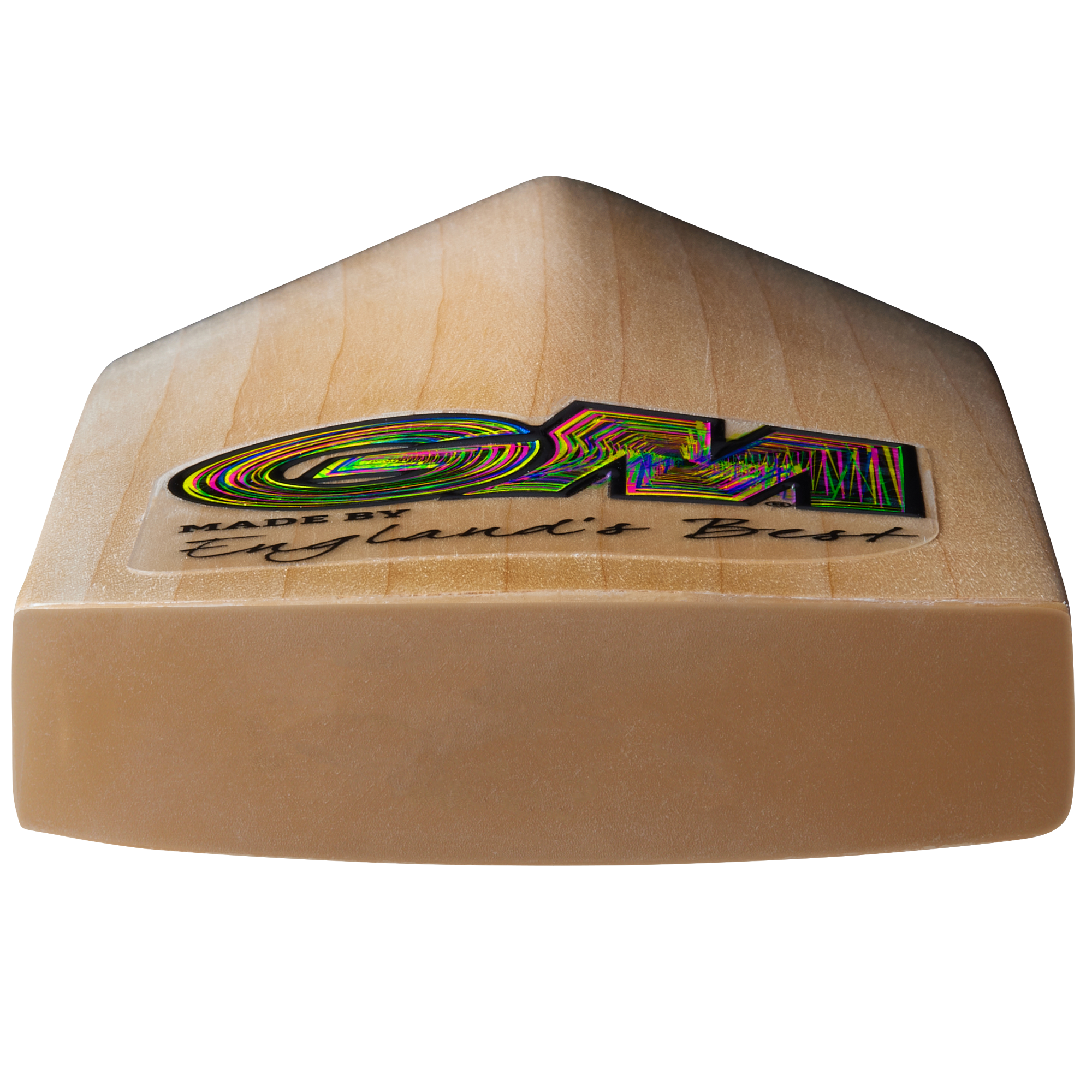 Close-up view of the flat, beige-colored toe of the Gunn & Moore Psyche DXM Junior Cricket Bat, featuring a colorful GM logo, “made by England’s Best” on the front, and highlighting its signature F2 face.