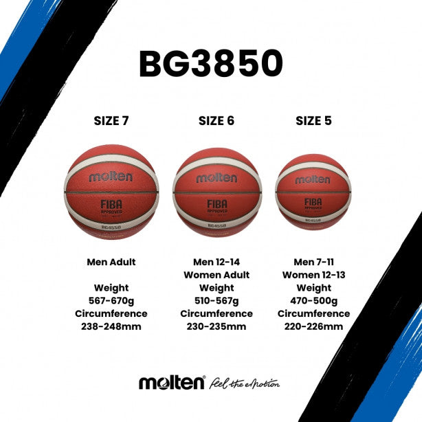 The Molten BG3850 Club Game Basketball, available in Sizes 5, 6, and 7 with specific weight and circumference details, suits all ages and genders. It features indoor/outdoor use, a composite cover, and the "Feel the Emotion" slogan by Molten.