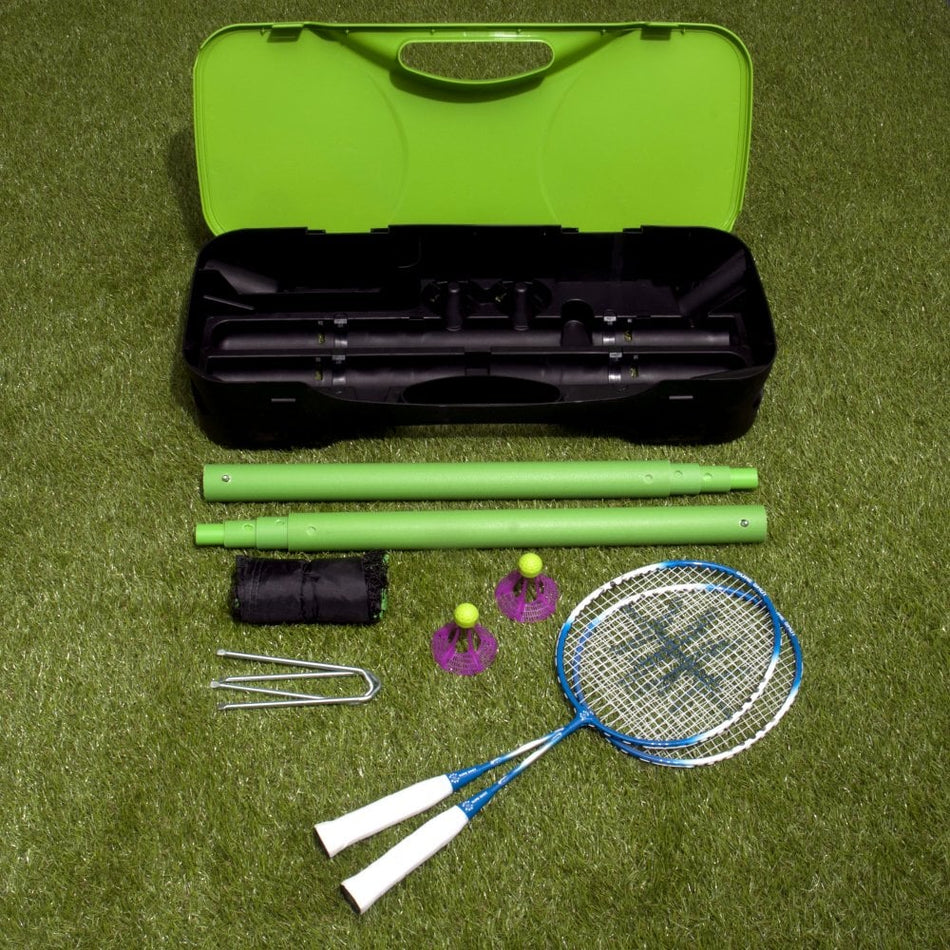 Enjoy outdoor badminton with the Sure Shot Quick Fit Badminton 3m Senior Pack—includes a portable net, green carrying case, net posts, ground stakes, two purple base stands, OD shuttles, and two blue and white rackets from Sure Shot.