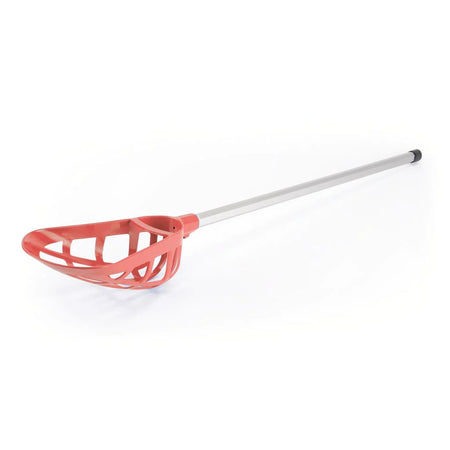 The Mastersport Pop Lacrosse Stick features a metal shaft and red plastic head with open mesh and defined catching area, shown on a white background.