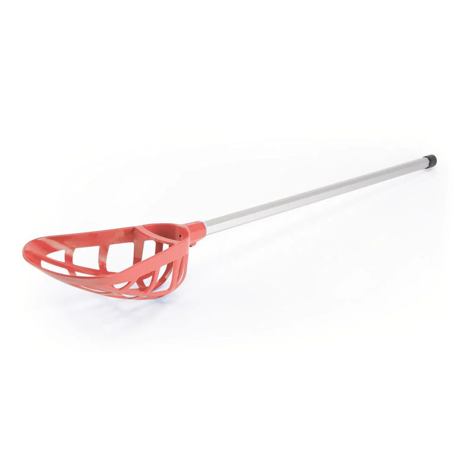 The Mastersport Pop Lacrosse Stick features a metal shaft and red plastic head with open mesh and defined catching area, shown on a white background.