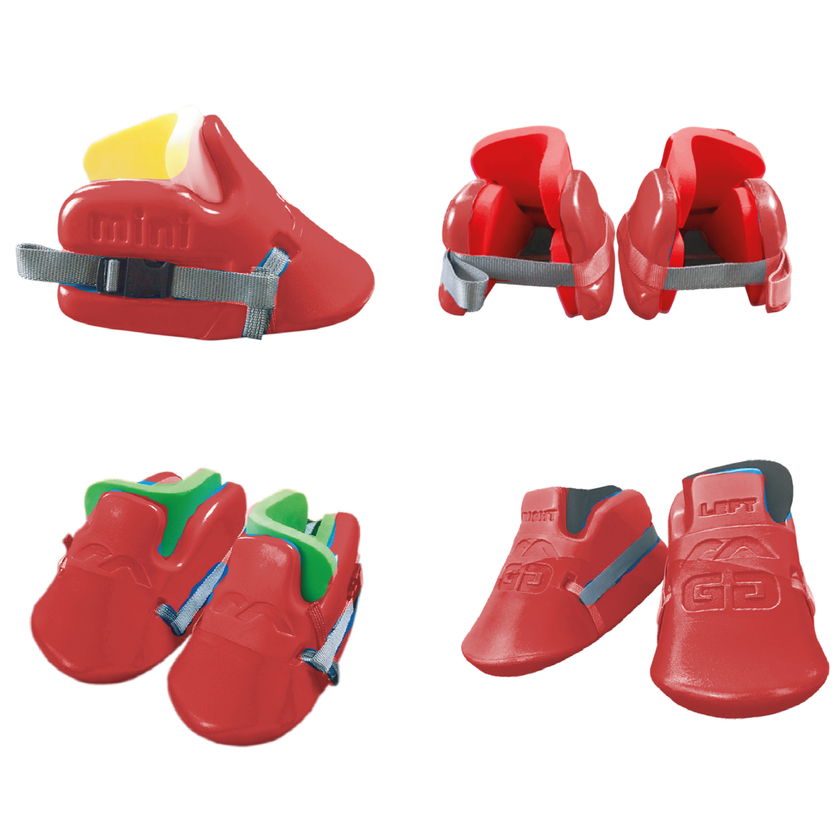 Four pairs of red adaptive shoes, each with unique straps, foam padding, and varied closures, are displayed—ideal for pairing with junior gear or the Mercian Genesis 3 Goalkeeping Kickers for Juniors by Mercian for extra support and mobility.