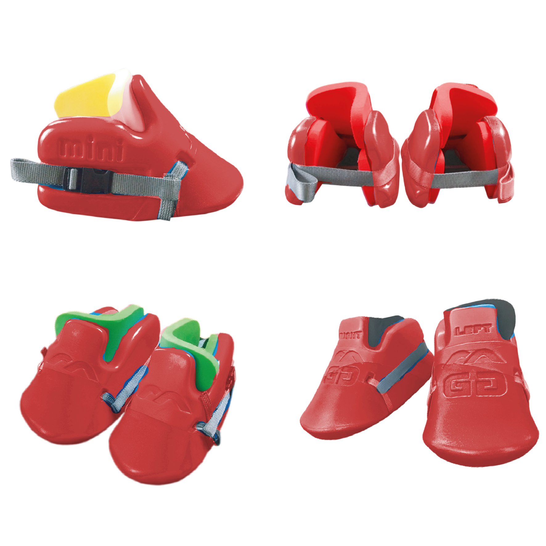 Four pairs of red adaptive shoes, each with unique straps, foam padding, and varied closures, are displayed—ideal for pairing with junior gear or the Mercian Genesis 3 Goalkeeping Kickers for Juniors by Mercian for extra support and mobility.