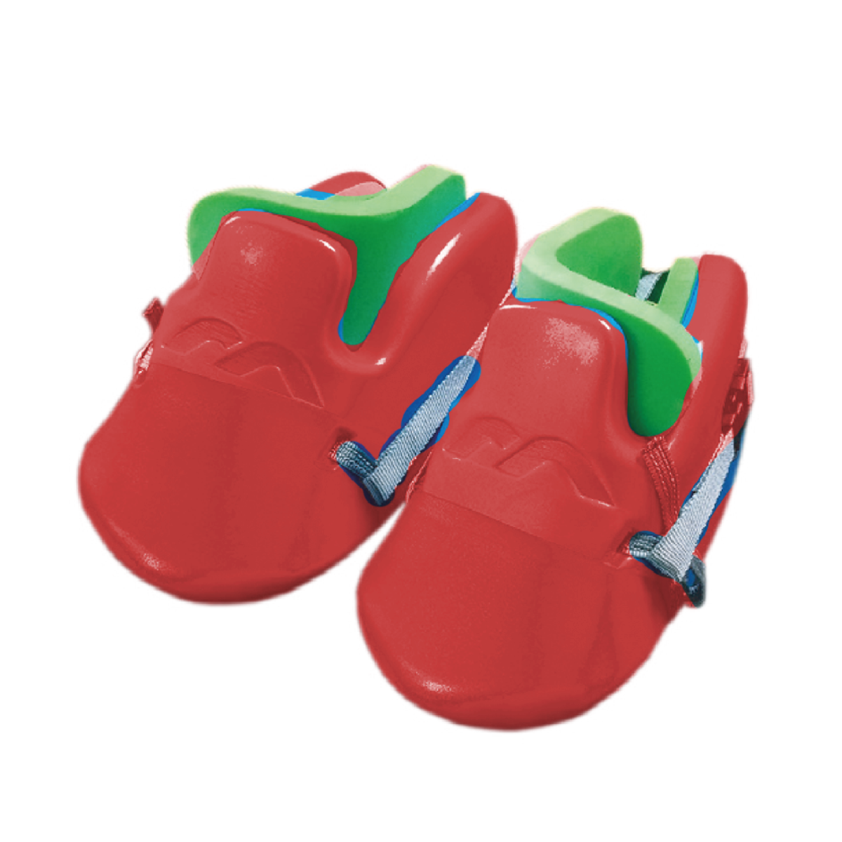 Mercian Genesis 3 Goalkeeping Kickers for Juniors: bright red beginner skates with green and blue foam padding and adjustable blue straps, inspired by Mercian’s junior goalie gear, shown on a white background.