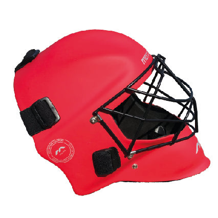 The Mercian Genesis Hockey Helmet in red features a durable fibreglass shell, black Cats-eye Grill face cage, and adjustable black straps, shown here in side profile for superior protection.