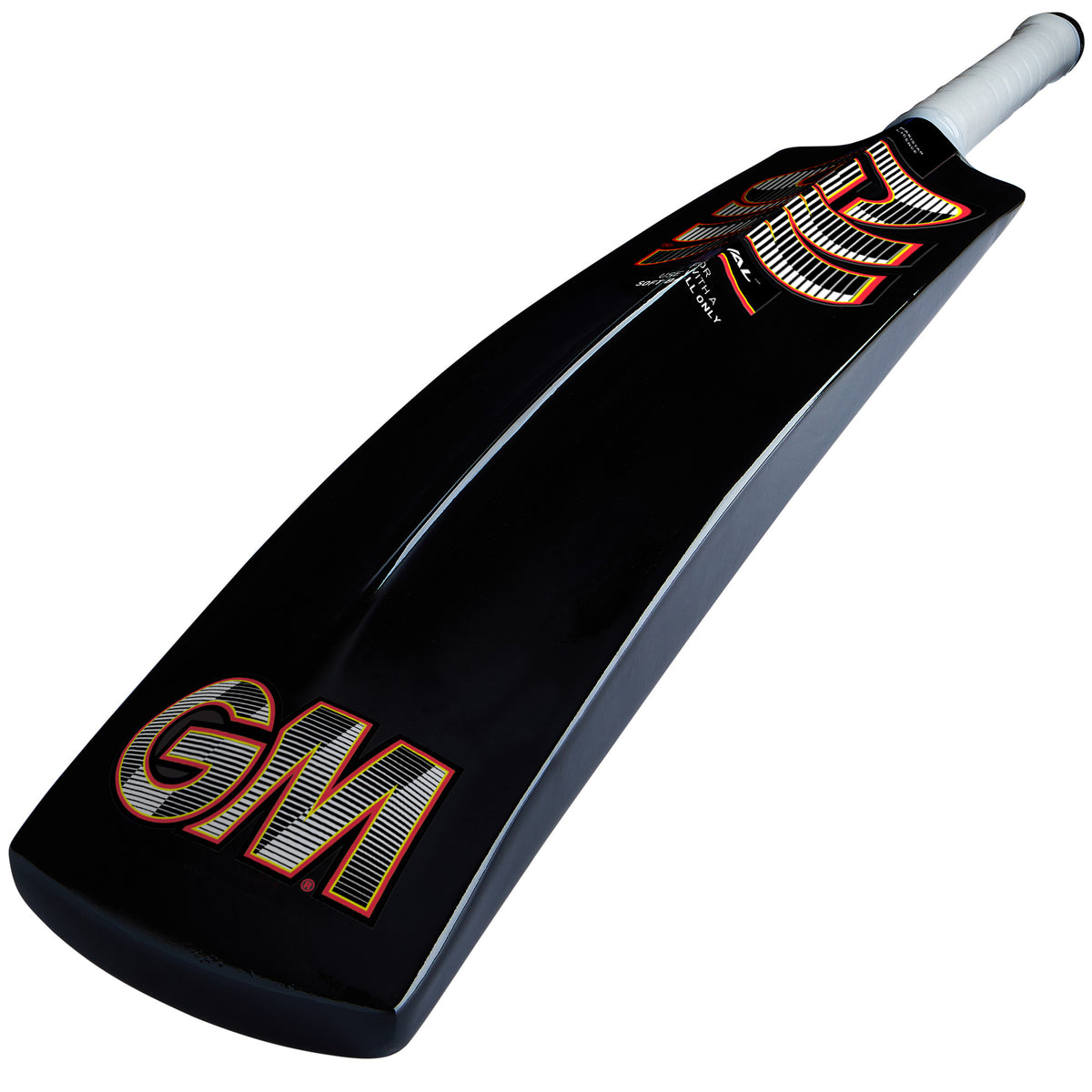 A close-up of the Gunn & Moore Rival Softball Bat, a lightweight cricket bat featuring a white handle and colorful Gunn & Moore branding near the base, shown from the back side.