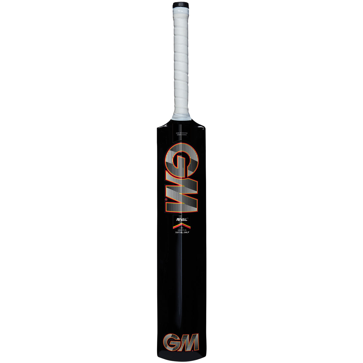 The Gunn & Moore Rival Softball Bat is a lightweight black cricket bat with "GM" in large orange letters, a white grip on the handle, and a sleek design from the trusted Gunn & Moore brand.