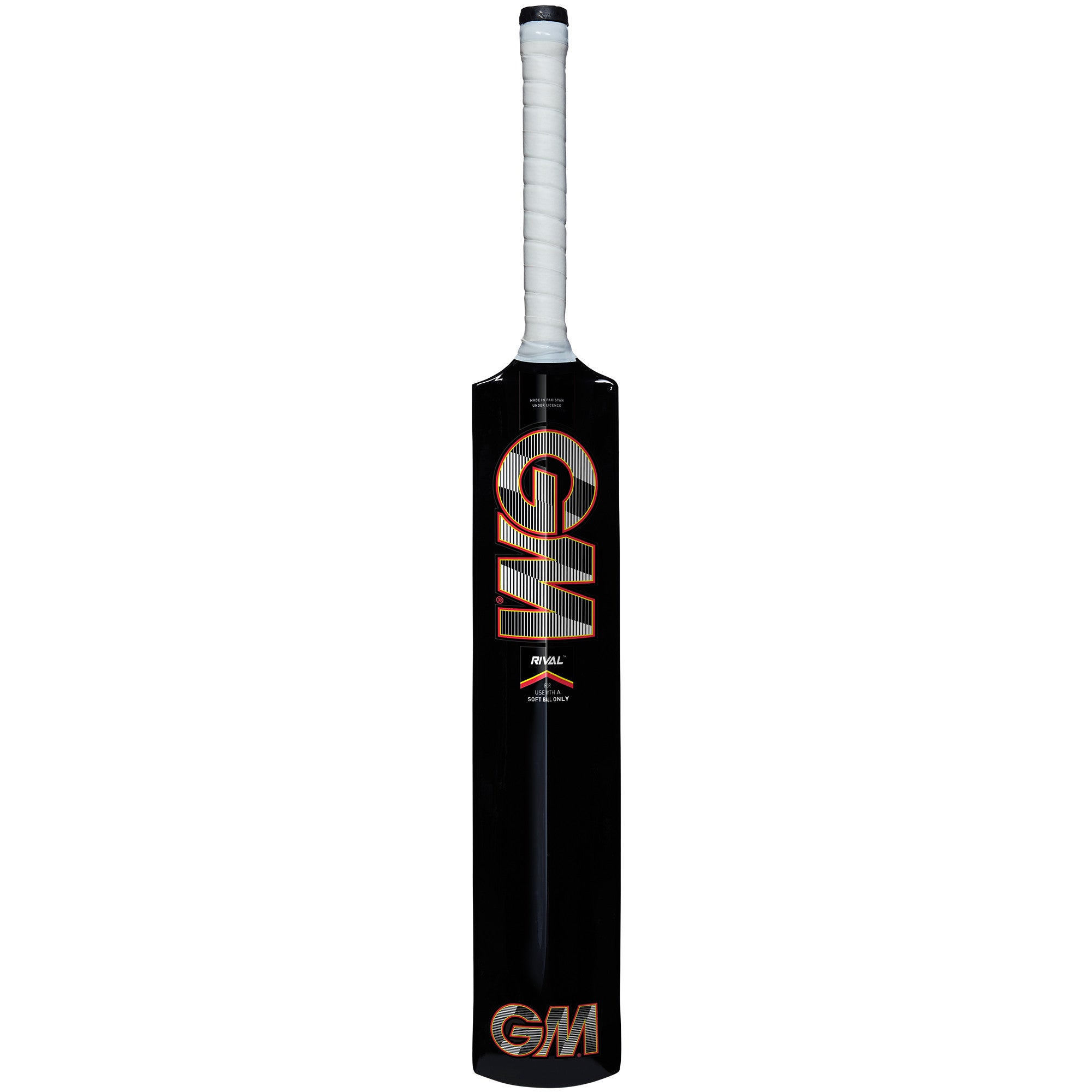 The Gunn & Moore Rival Softball Bat is a lightweight black cricket bat with "GM" in large orange letters, a white grip on the handle, and a sleek design from the trusted Gunn & Moore brand.