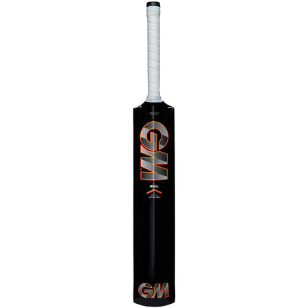 The Gunn & Moore Rival Softball Bat is a lightweight black cricket bat with "GM" in large orange letters, a white grip on the handle, and a sleek design from the trusted Gunn & Moore brand.