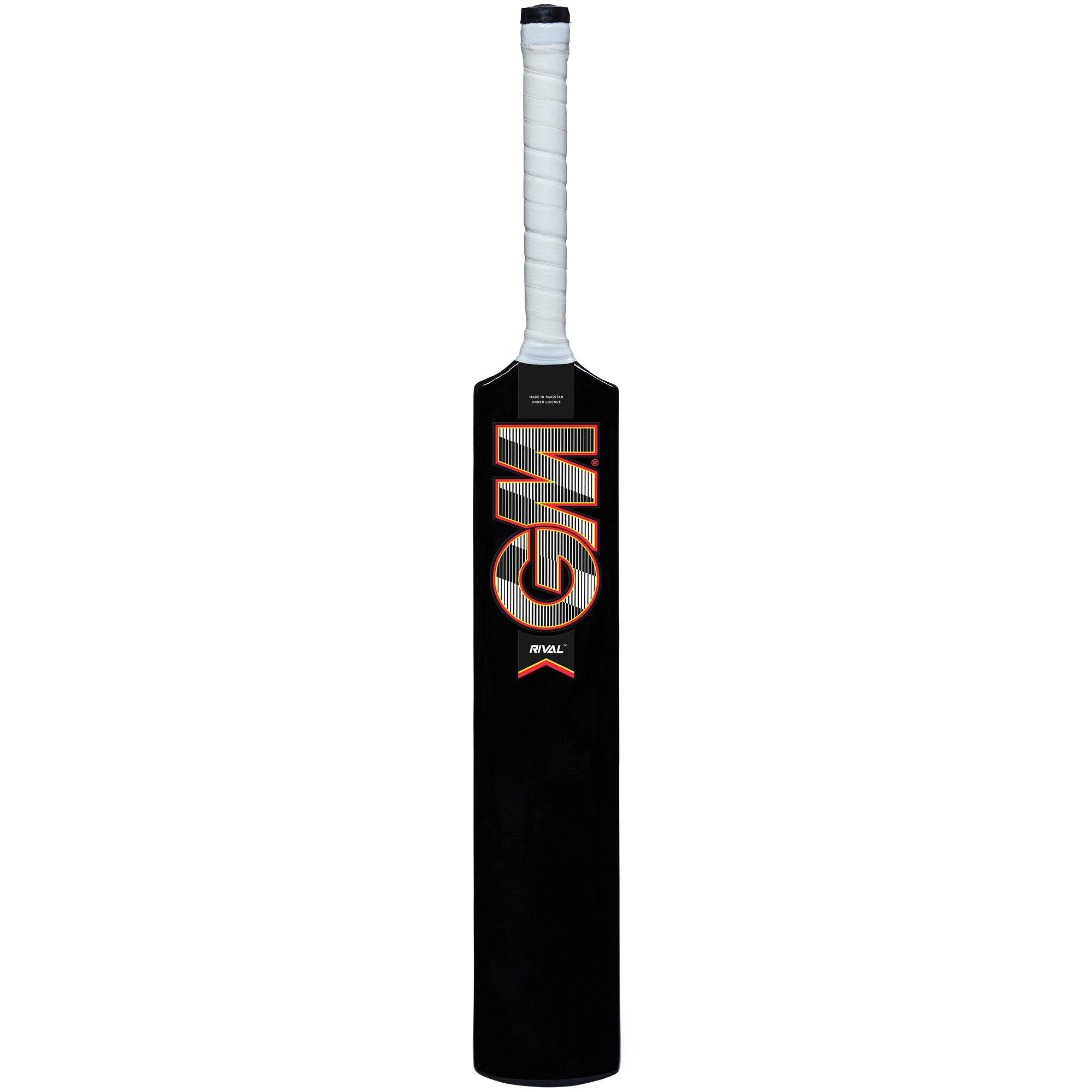 The Gunn & Moore Rival Softball Bat is a lightweight cricket bat with a white handle, black body, and bold GM lettering in orange and white on the front.