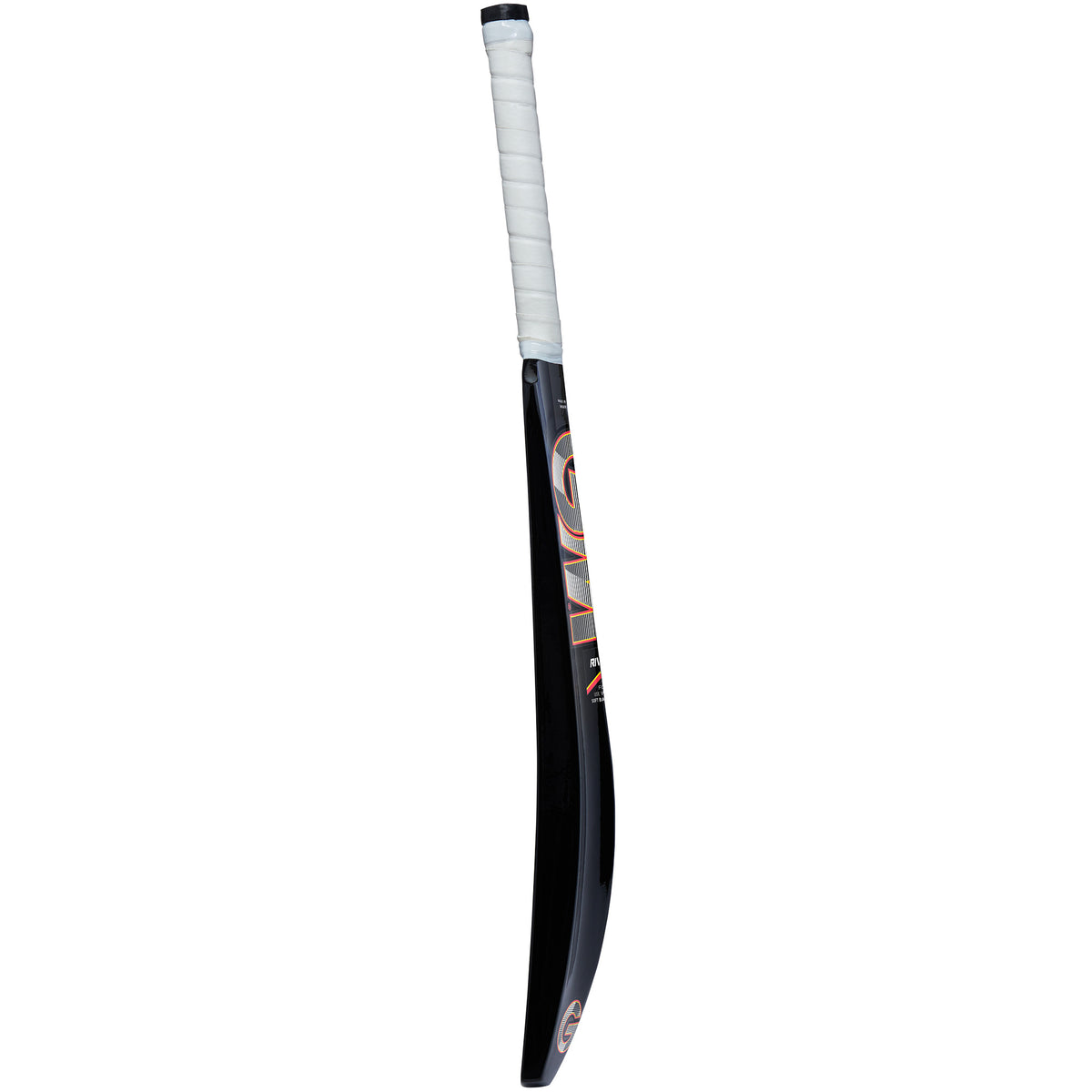 The Gunn & Moore Rival Softball Bat by Gunn & Moore is a lightweight black and silver bat with a white grip, ideal for tapeball cricket, shown standing upright against a white background.