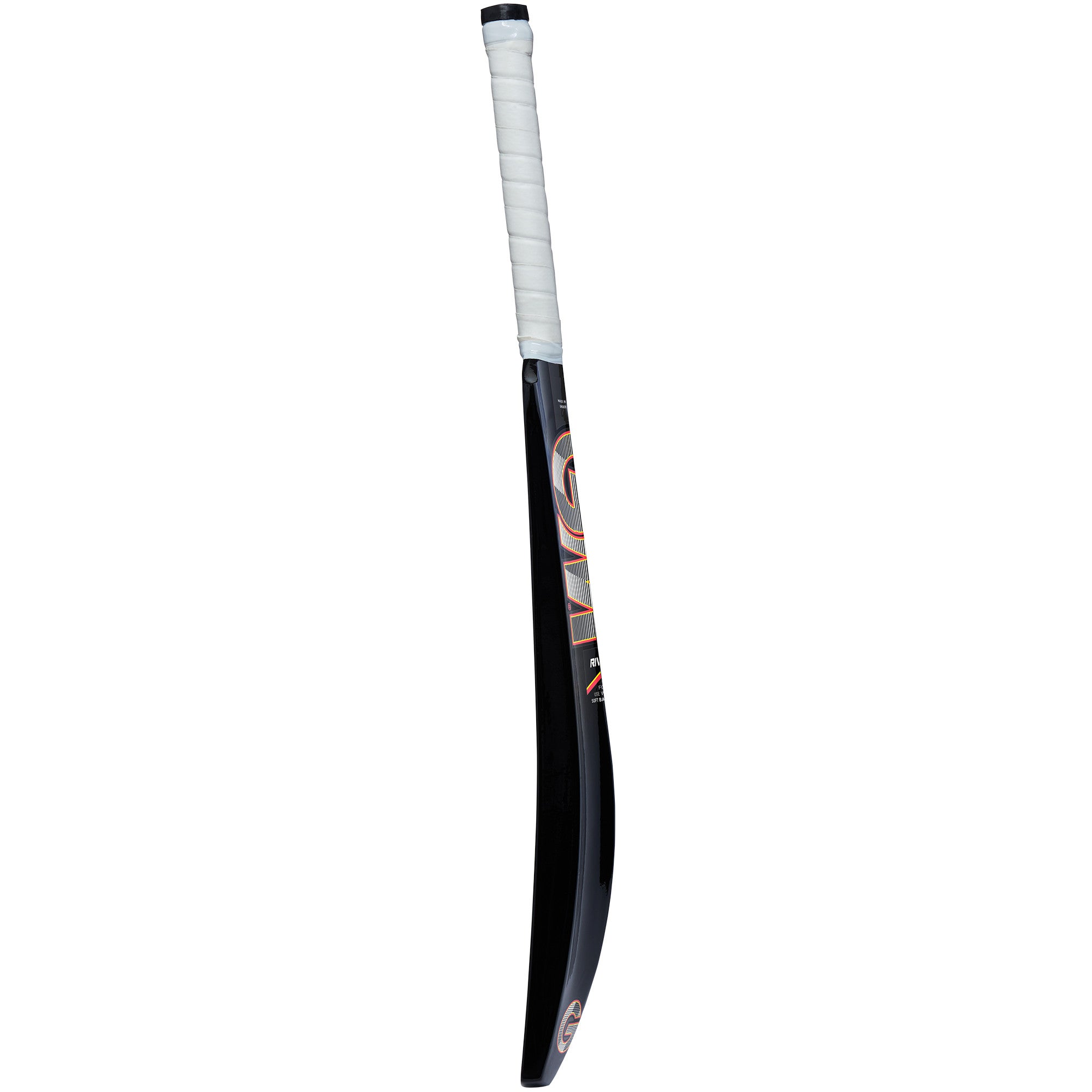 The Gunn & Moore Rival Softball Bat by Gunn & Moore is a lightweight black and silver bat with a white grip, ideal for tapeball cricket, shown standing upright against a white background.