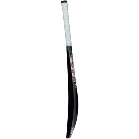 The Gunn & Moore Rival Softball Bat by Gunn & Moore is a lightweight black and silver bat with a white grip, ideal for tapeball cricket, shown standing upright against a white background.