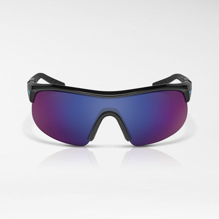 Nike Show X1 Performance Glasses by Nike feature a black frame with large, mirrored gradient lenses in blue and purple. Designed for active lifestyles, these sport sunglasses offer excellent coverage and are displayed on a plain white background.