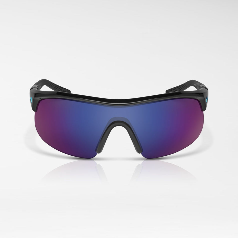 Nike Show X1 Performance Glasses by Nike feature a black frame with large, mirrored gradient lenses in blue and purple. Designed for active lifestyles, these sport sunglasses offer excellent coverage and are displayed on a plain white background.