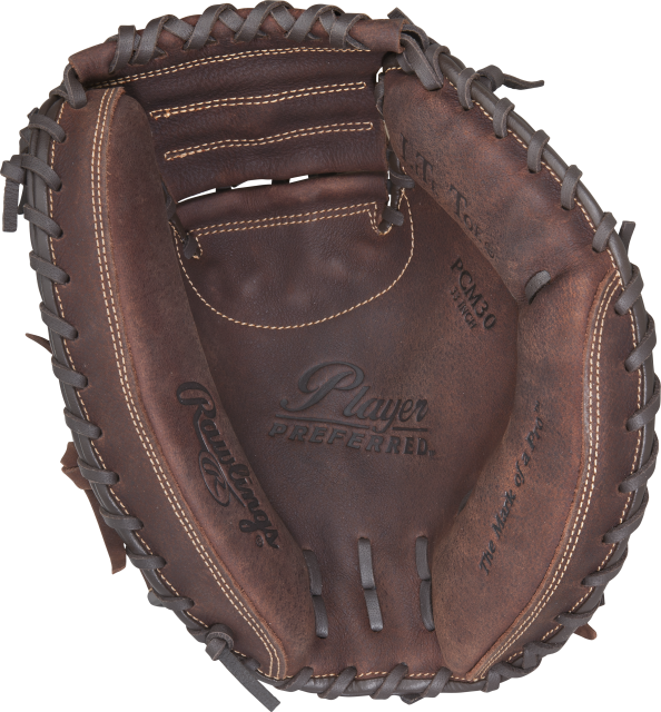 A close-up of the Rawlings Player Preferred - Catchers Mitt by Rawlings, featuring brown full-grain leather with visible stitching, laces, and the Player Preferred logo stamped inside.