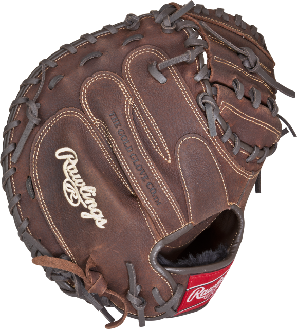 A Rawlings Player Preferred Catchers Mitt in brown full-grain leather features black laces, visible stitching, the Rawlings logo, and "THE GOLD GLOVE CO." embossed on the glove.
